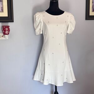 Crystal Doll Women's White Jewel Embellished Dress Juniors Puff-Sleeve Size S